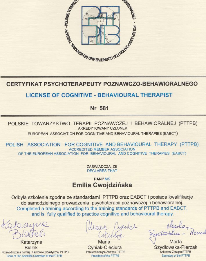 Certyfikat psychoterapeuty poznawczo-behawioralnego przyznany mgr Emilii Cwojdzińskiej